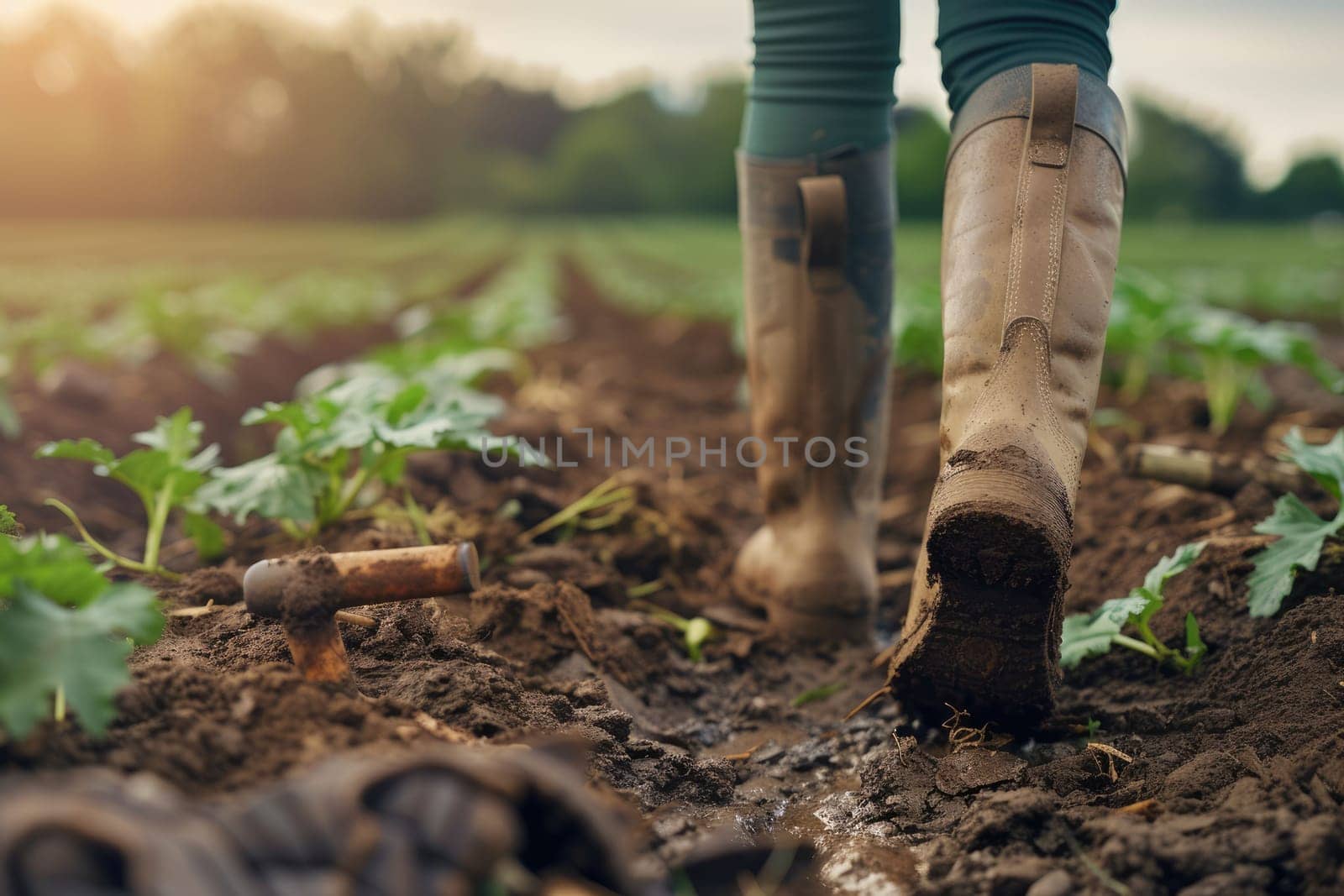 The close up picture of the farmer is walking inside the farm while wearing the dirty boots, the farmer require skill like soil knowledge, farm management, weather monitoring and the marketing. AIG43.
