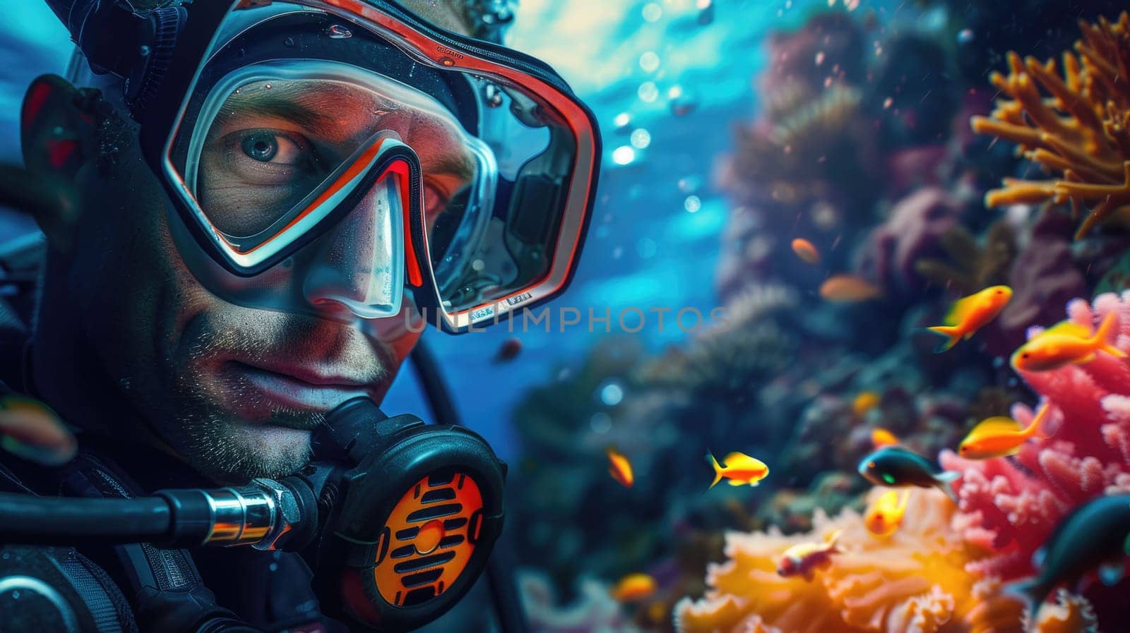 The picture of the diver is diving in the sea or ocean and wearing goggles and snorkel, the diver require skills like knowledge of the diving equipment and gear, buoyancy control and training. AIG43.