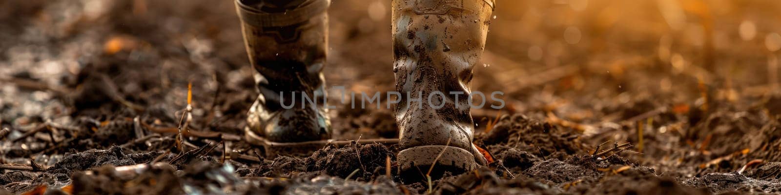 The close up picture of the farmer is walking inside the farm while wearing the dirty boots, the farmer require skill like soil knowledge, farm management, weather monitoring and the marketing. AIG43.