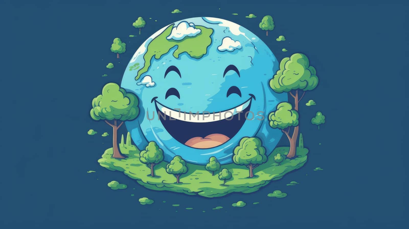 Happy cartoon Earth with vibrant nature elements. Ecological and environment-friendly concept with cheerful character for design and educational purpose. Green energy. Environmentally concept. AIG35.