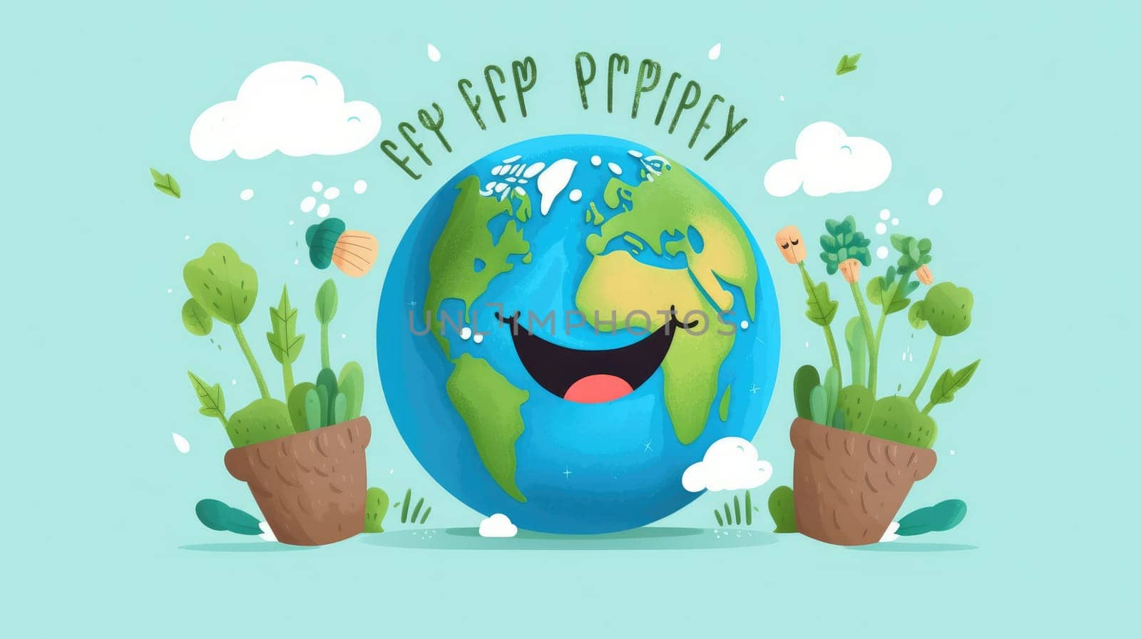 Cartoon image of a happy earth character surrounded by vegetables or plant in flower pot and fluffy clouds on a blue background. Green environment and growing sustainability or clean energy. AIG35.