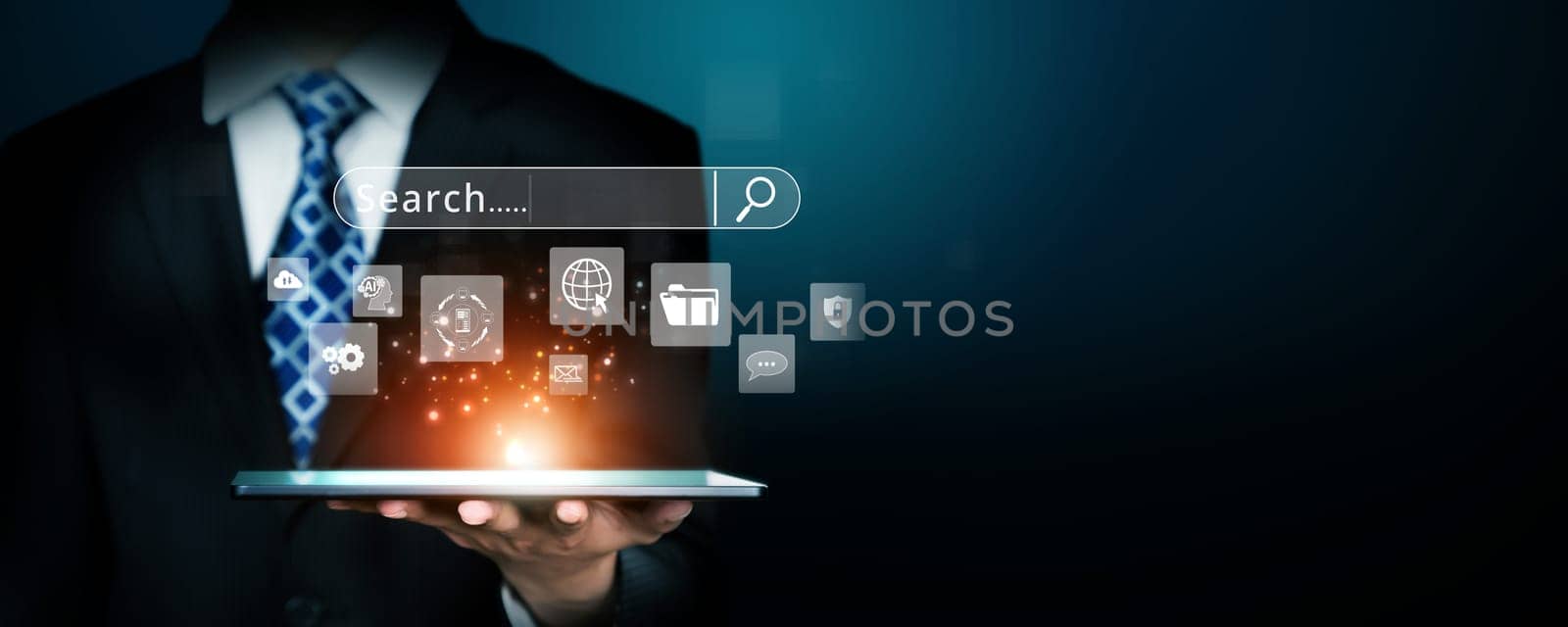 Business person conducts search engine research, extracting valuable data for strategic decisions. Utilizing search engines for comprehensive research and SEO data analysis. FaaS
