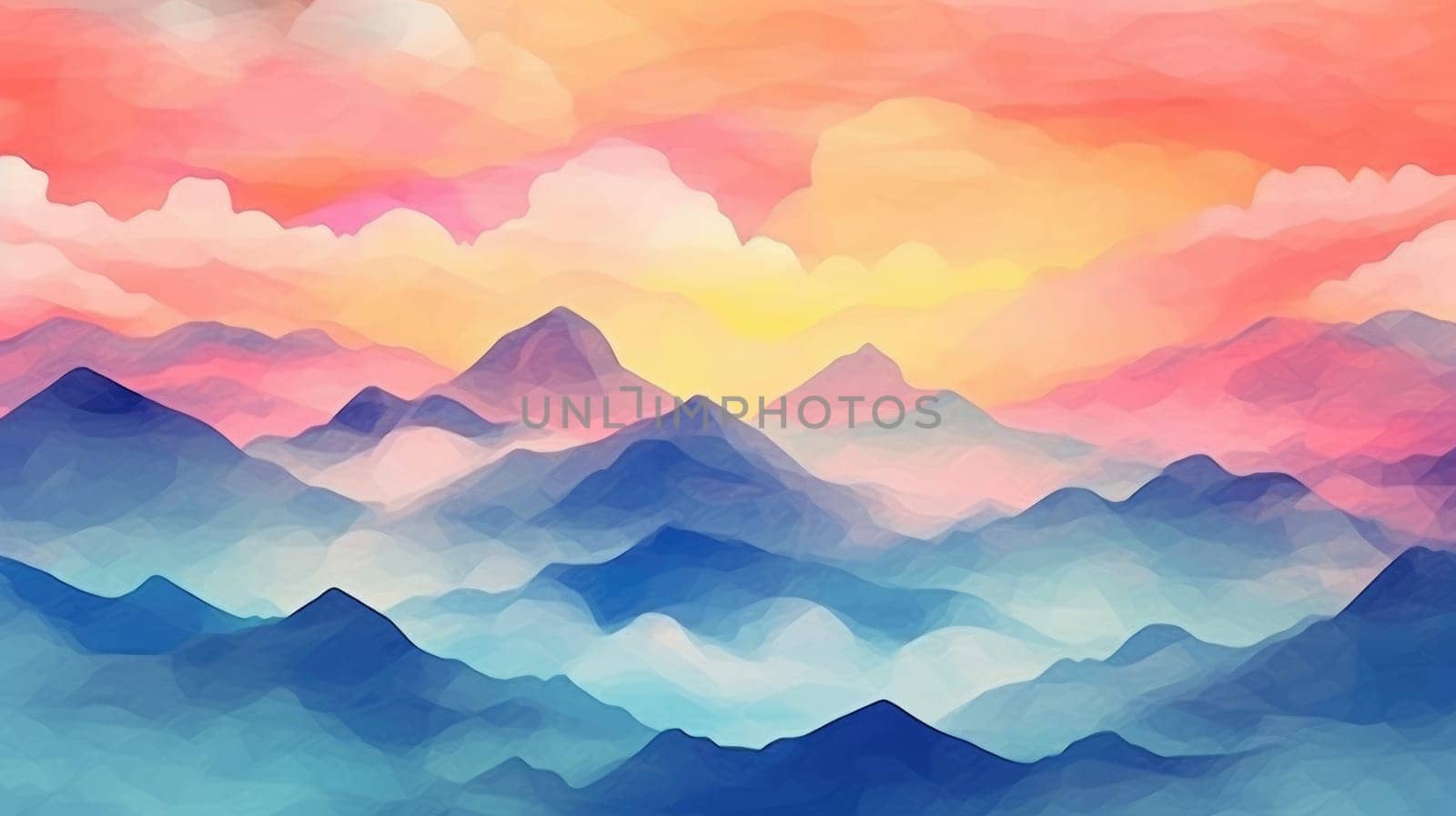 Abstract painted sky with vibrant cloud colors. Twilight sky in sunset with pastel watercolor and fantasy cloud background. Artistic background with a blend of pink, blue, and orange hues. AIG35.