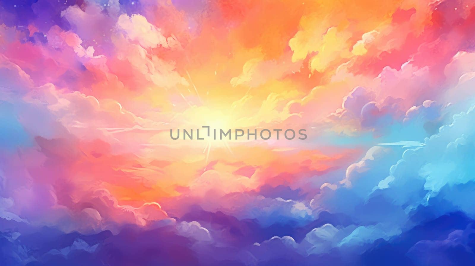 Abstract painted sky with vibrant cloud colors. Twilight sky in sunset with pastel watercolor and fantasy cloud background. Artistic background with a blend of pink, blue, and orange hues. AIG35.