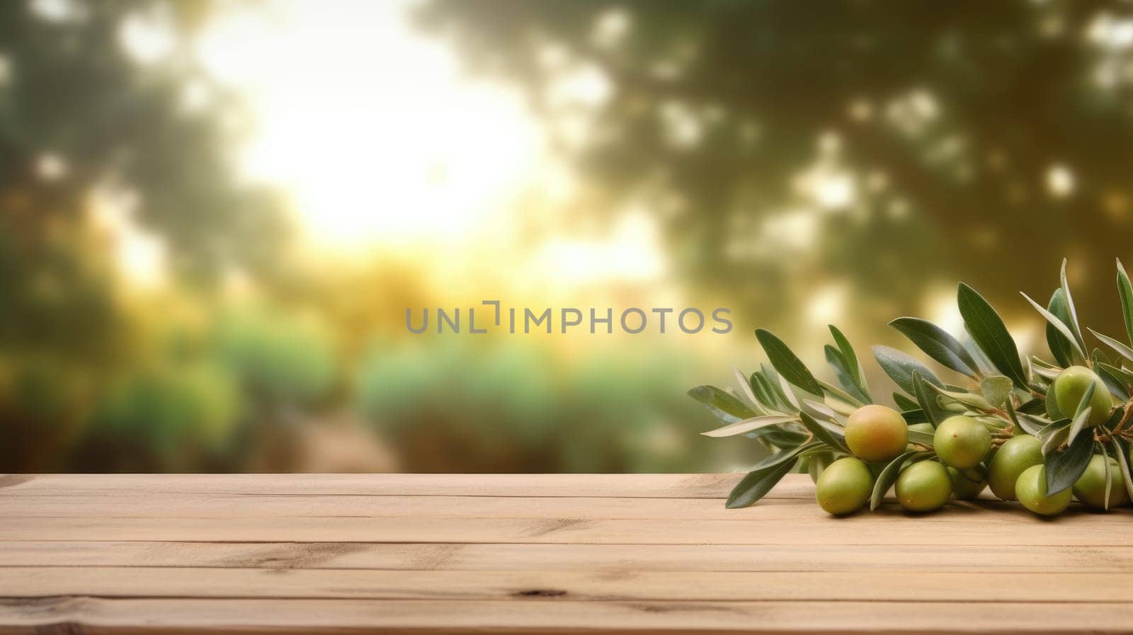 Olive branch with green olives on wooden surface. Olive was placed on table with blurring background. Mediterranean cuisine and organic farming concept for design and print, with copy space. AIG35.