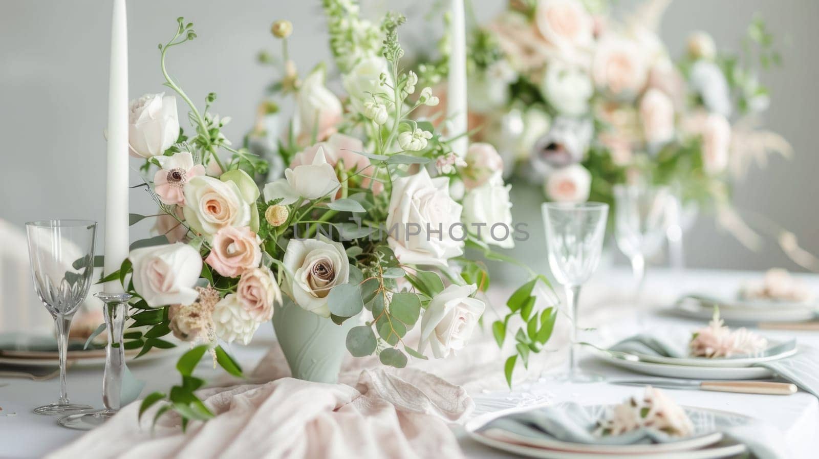 A beautifully arranged table featuring plates, silverware, and a stunning centerpiece of flowers including roses. The peachcolored petals add a touch of elegance to the creative arts display AIG50