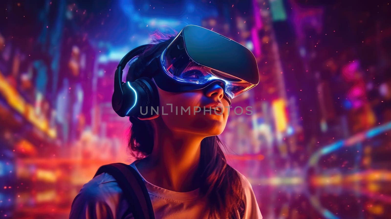 People wearing VR goggle while enter metaverse with neon color background. People with VR headset against abstract neon pattern background. Concept of virtual reality and futuristic technology. AIG35.