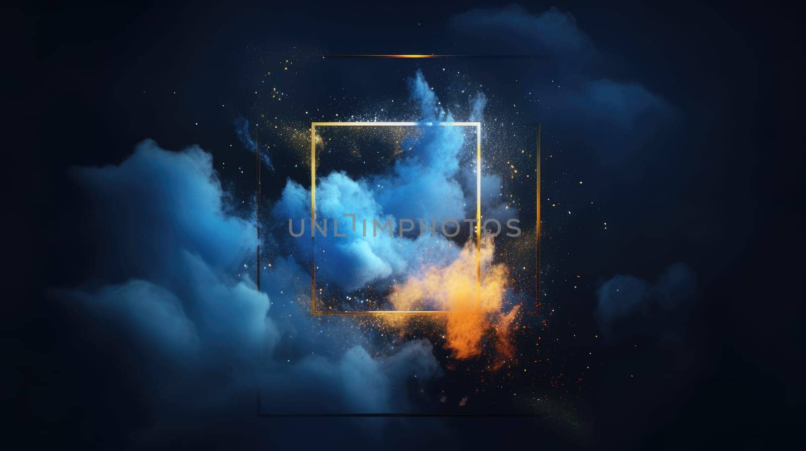 Digital artwork of geometric shape blue smoke art on black background. Surreal wallpaper of elegant golden square picture frame with magical blue smoke. Mystery and abstract concept art. AIG35.
