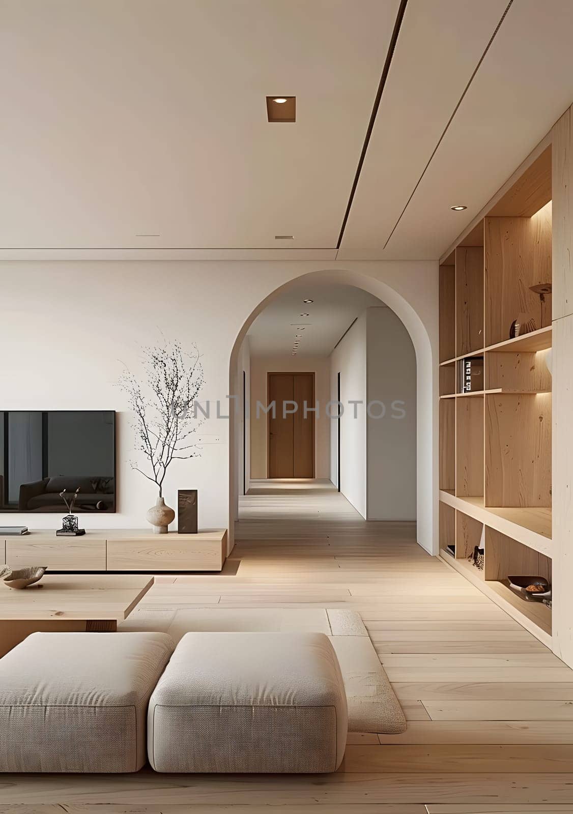 A living room in a house with hardwood floors, featuring a couch, ottoman, television, and a rectangular wooden coffee table. Interior design fixture