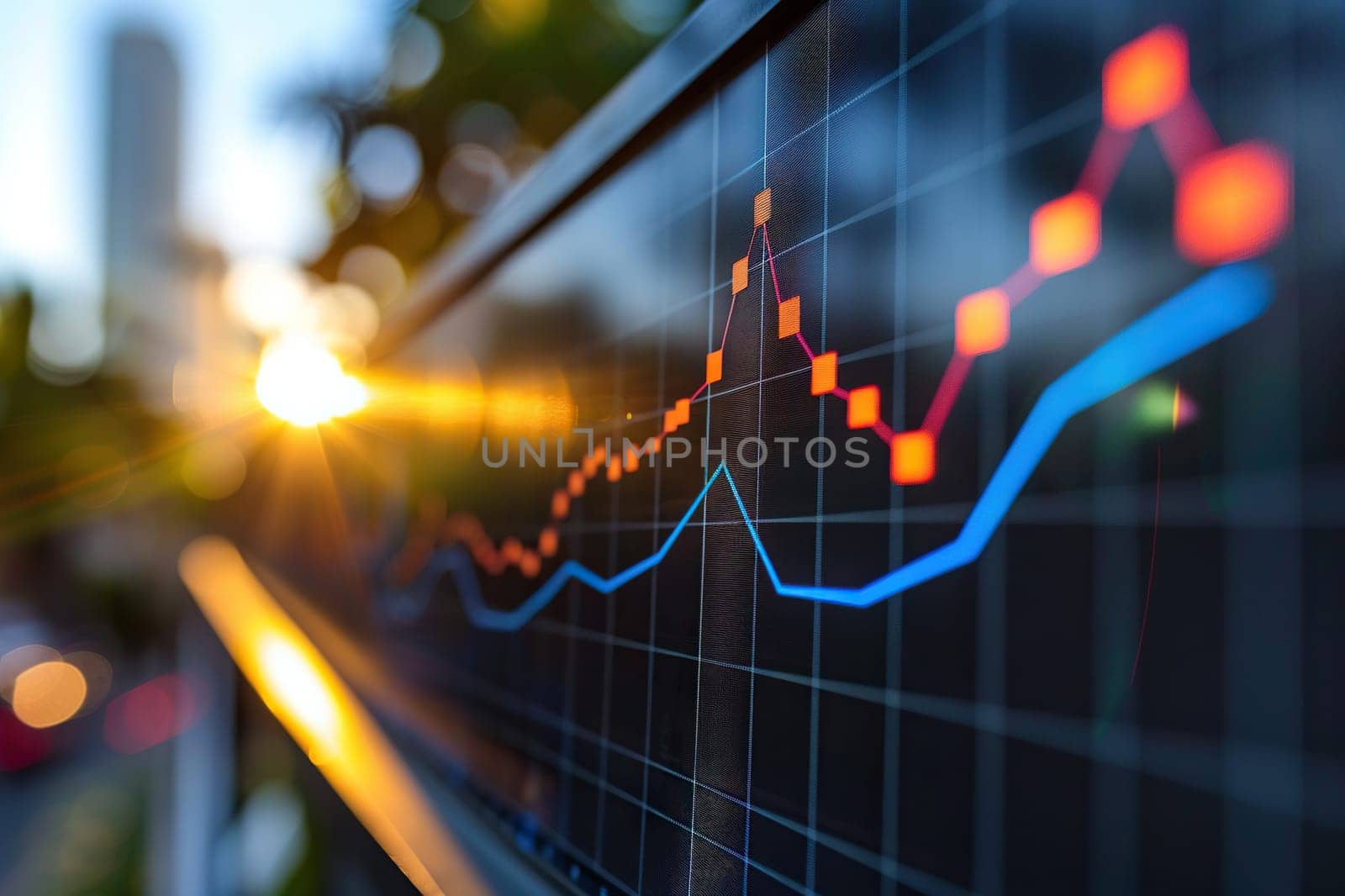 Abstract graph on a large screen with the reflection of the sun. Concept of investment, business, finance, changes in market prices.