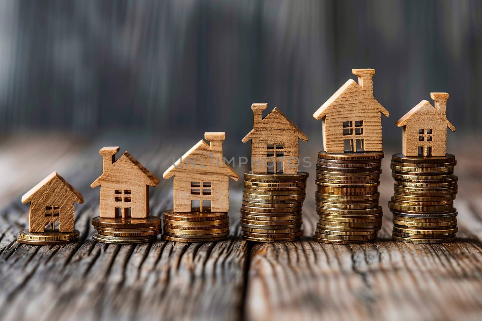 Miniature wooden houses on stacks of gold coins on a wooden surface.