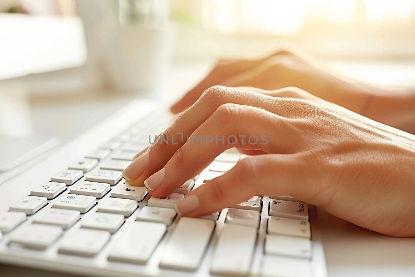 Close-up of female hands with short manicure typing on a white keyboard