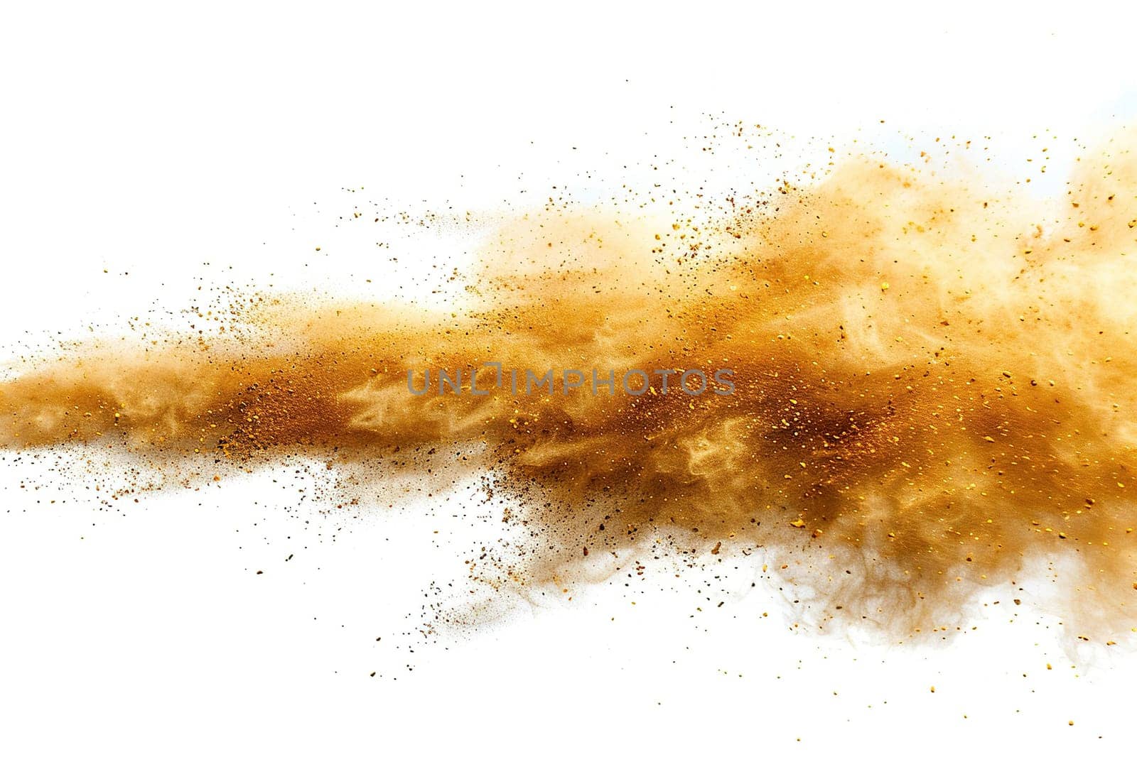 Explosion of floury golden dust isolated on white background. Generated by artificial intelligence by Vovmar