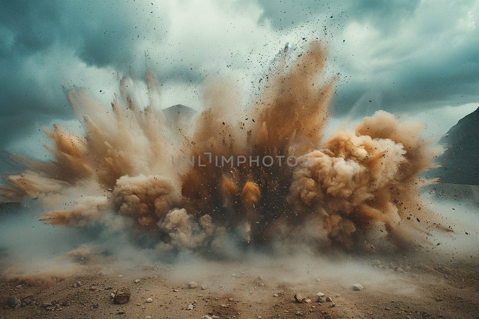 An explosion of sand and dust on the ground on a cloudy day. Generated by artificial intelligence by Vovmar