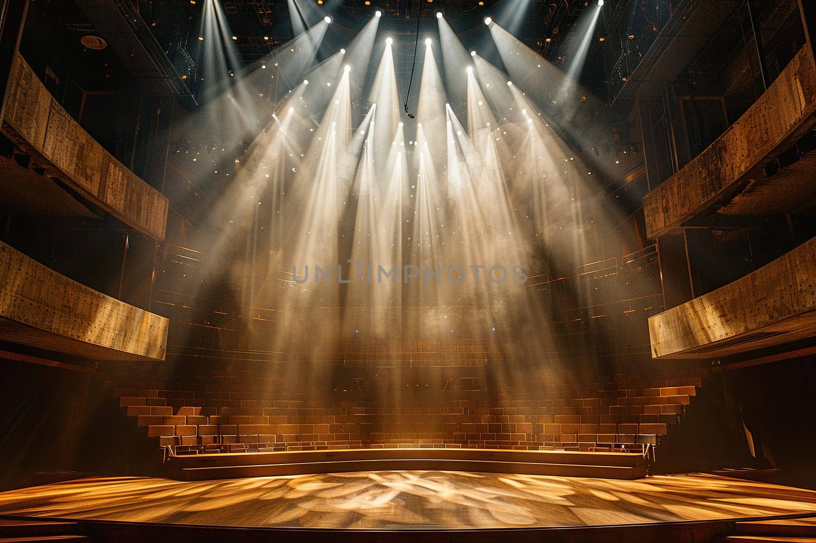 Image of the stage of an empty elegant classical theater with bright spotlights and seating.