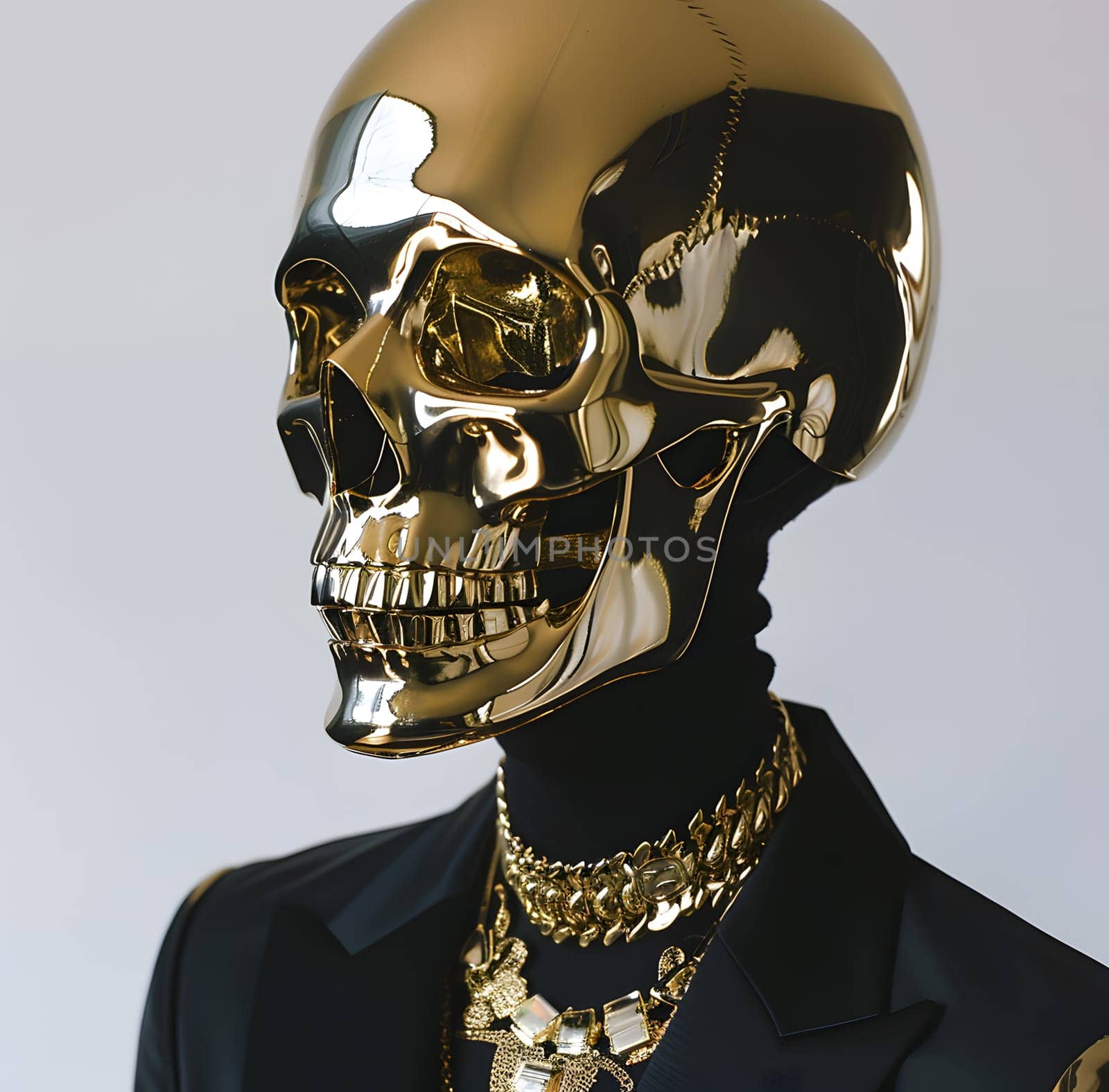 An artistic mannequin wearing a gold skull on its head, showcasing an avantgarde fusion of fashion and art. Perfect for displaying sports gear or trendy eyewear at events