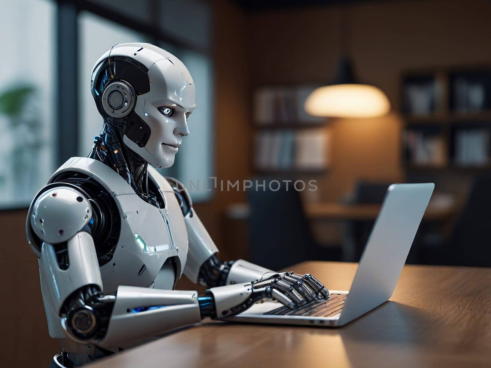 An artificial intelligence robot sits at a table and uses a laptop. Generative AI