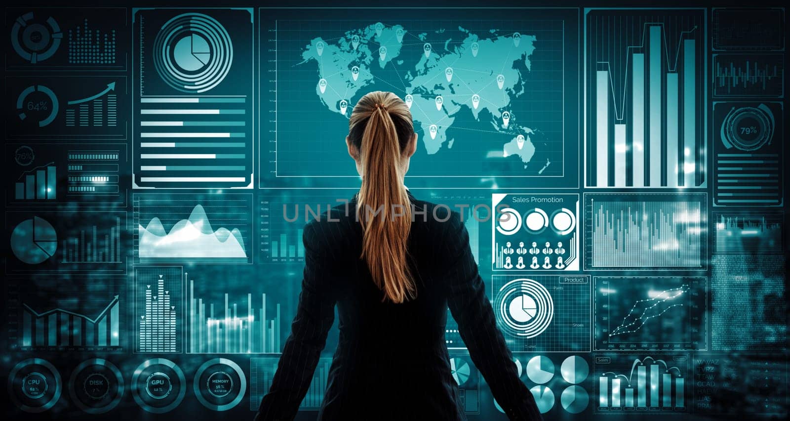 Big Data Technology for Business Finance Analytic Concept. Modern interface shows massive information of business sale report, profit chart and stock market trends analysis on screen monitor. uds