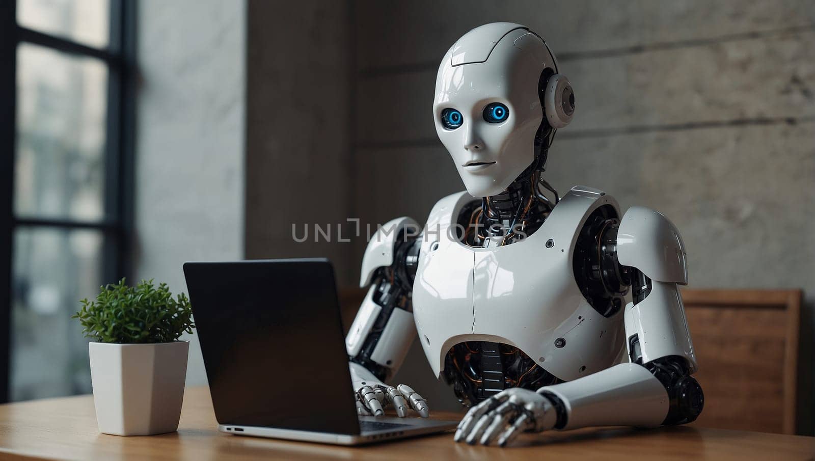 An artificial intelligence robot sits at a table and uses a laptop. Generative AI