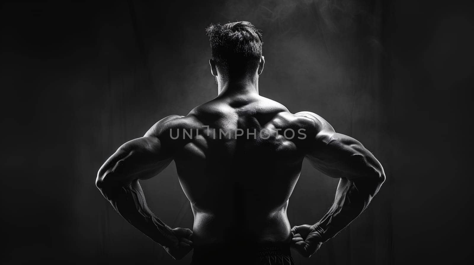 A muscular man stands with his back to the camera, flexing his muscles under moody, contrasting lighting that accentuates his toned physique - Generative AI