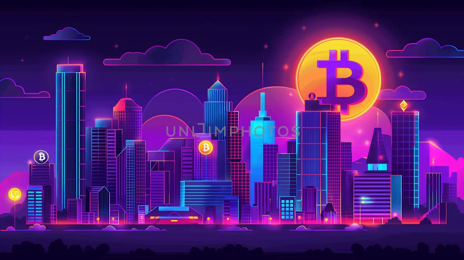 Futuristic Cityscape With Bitcoin Emblems at Night by chrisroll
