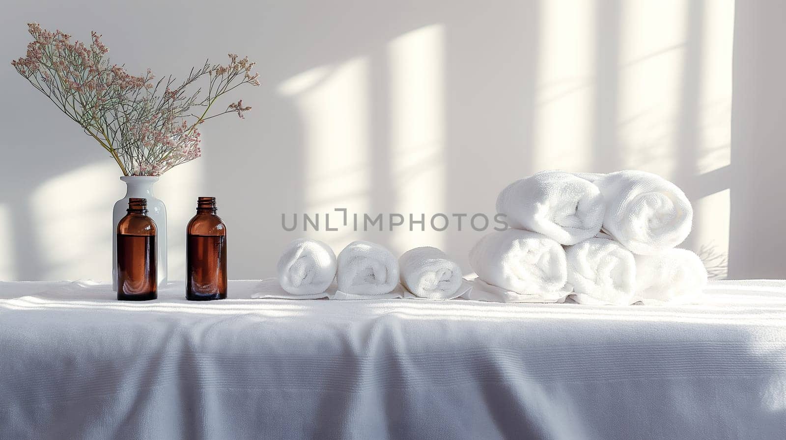 A tranquil spa display featuring rolled white towels, amber glass bottles, and a vase of gentle flowers basking in the soft light filtering through window blinds - Generative AI