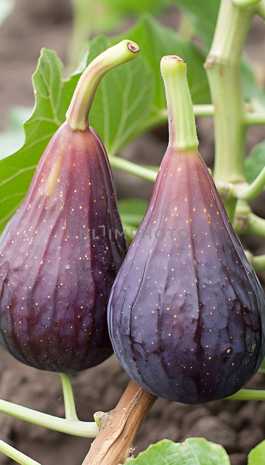 Two purple figs are growing on a tree branch. Figs are a natural food produced by a flowering plant, common staple food rich in nutrients