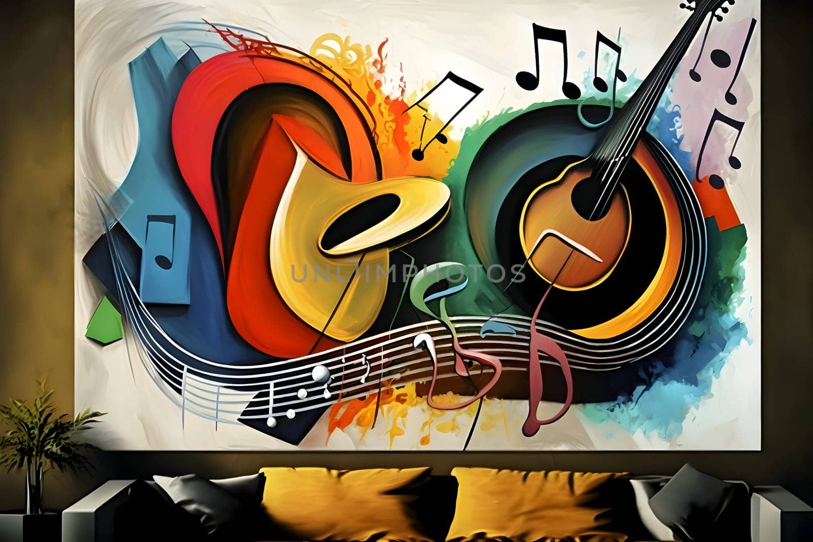 Abstract illustration: Abstract Music Background with Guitar and Music Notes. 3D Rendering