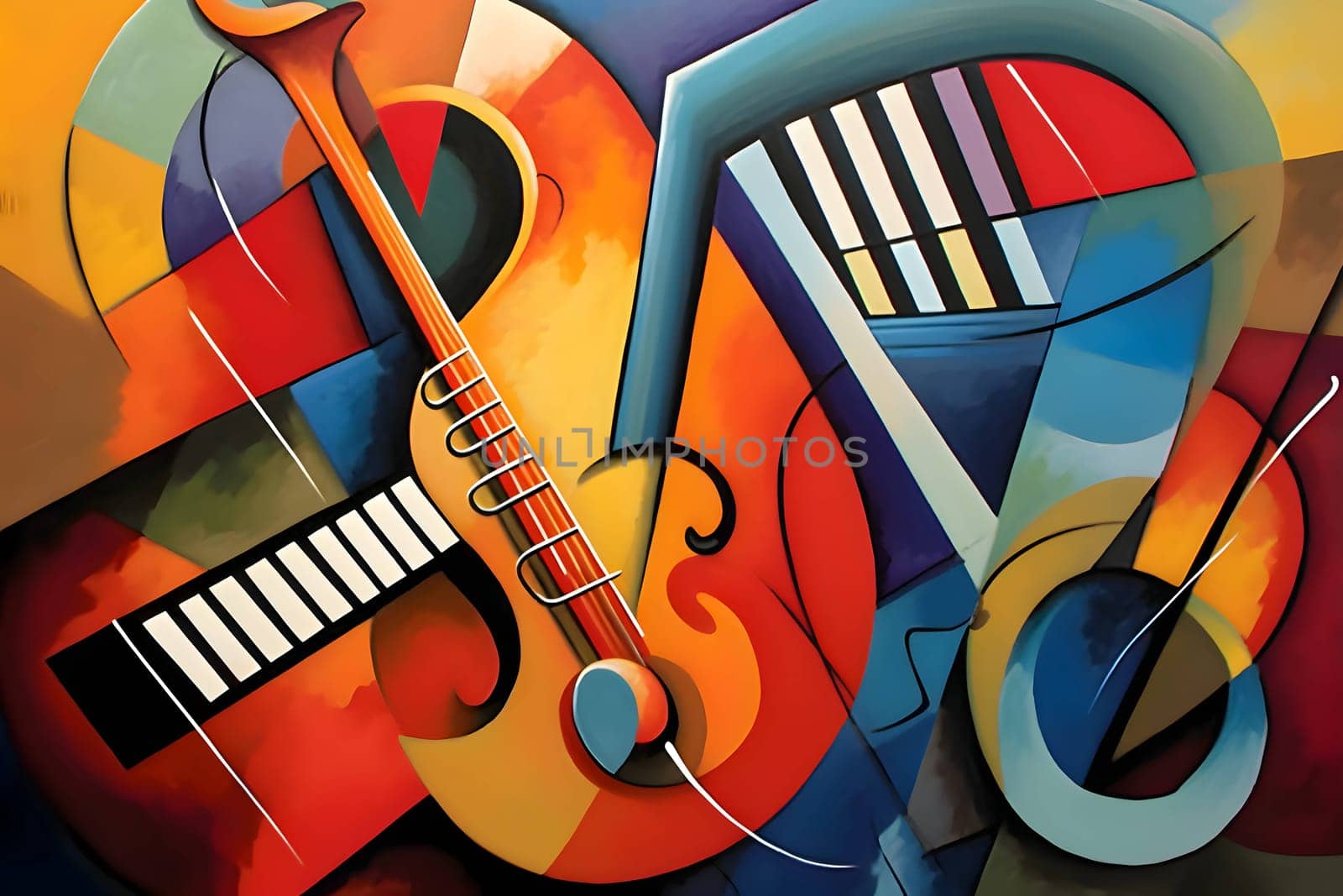 Abstract illustration: abstract colorful music background with guitar and musical notes, digital painting