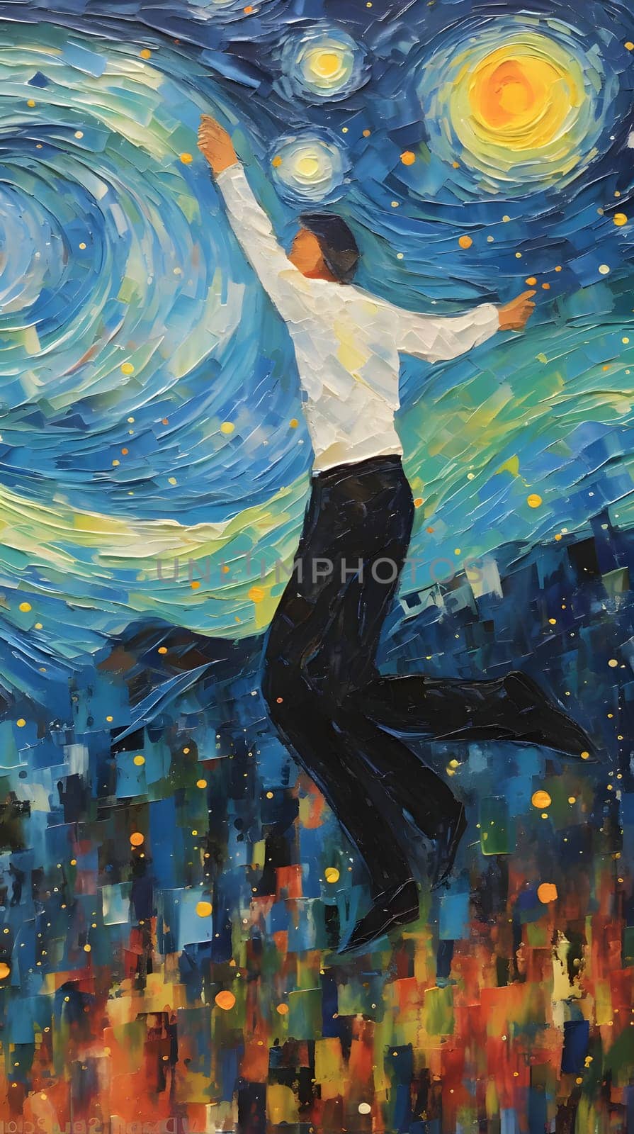 Abstract illustration: Modern oil painting of a young man jumping in the night sky.