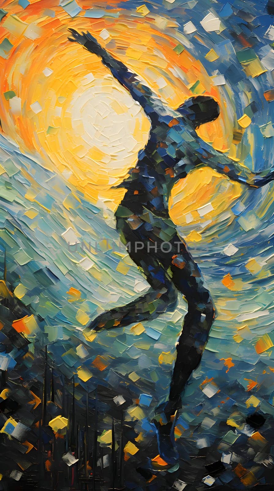 Abstract illustration: Abstract oil painting of a young woman dancing in the rays of the sun