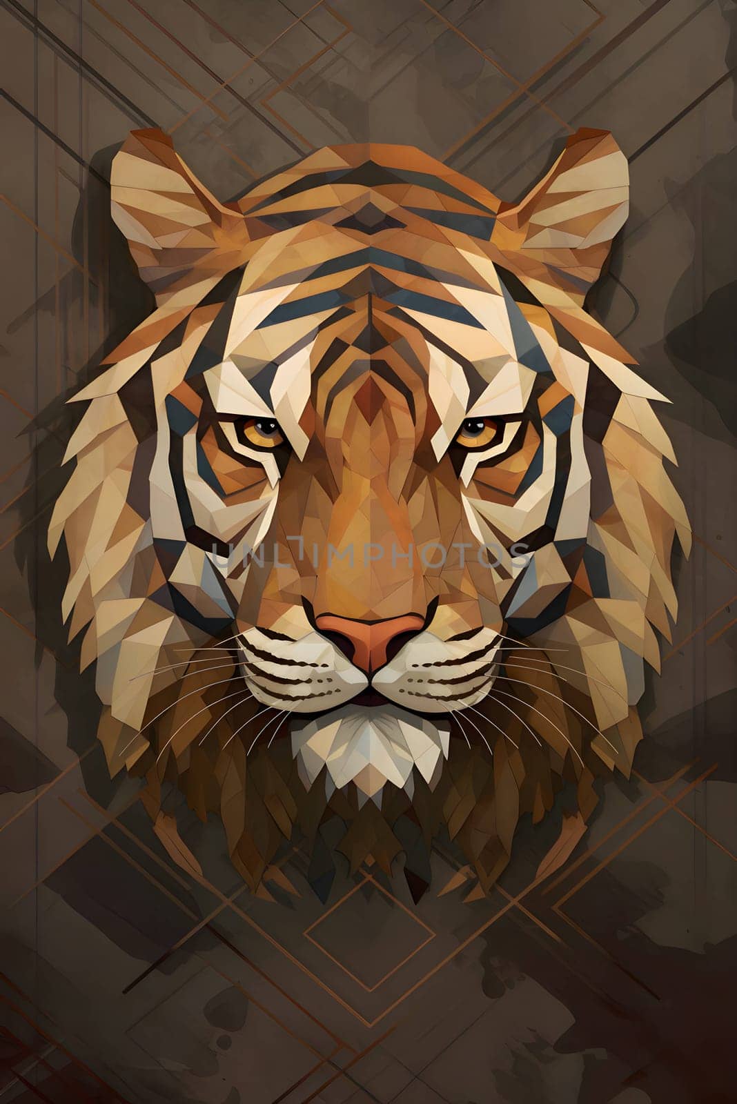 Abstract illustration: Tiger head in low poly style on abstract background. Vector illustration.