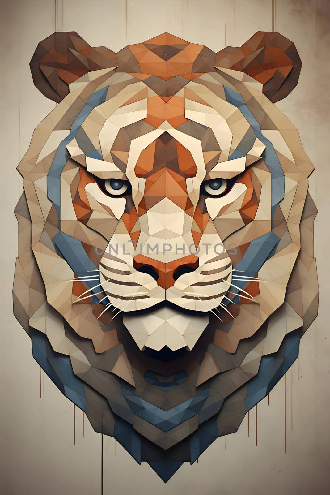 Abstract illustration: lion head in low poly style on wood background, polygonal style