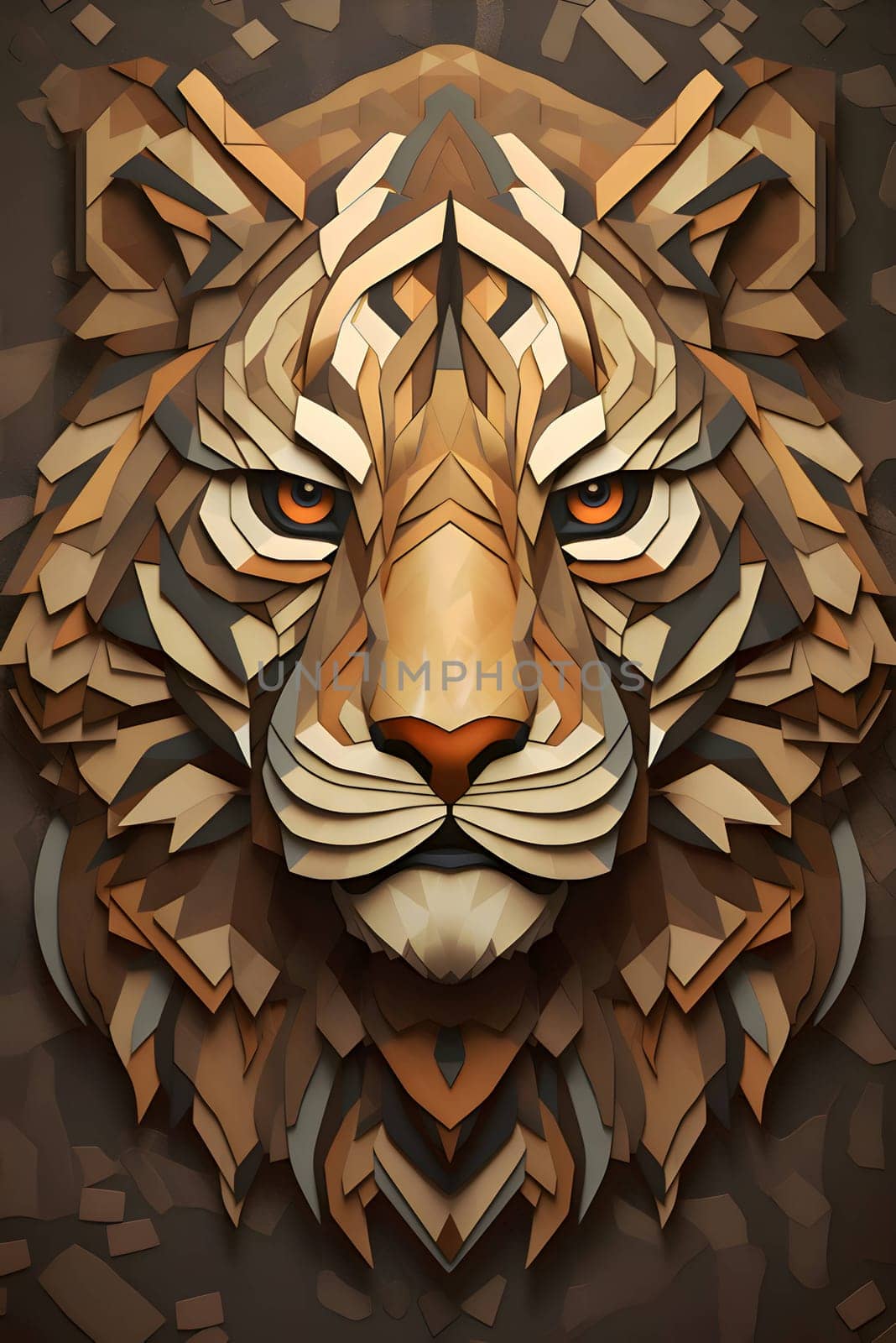 Abstract illustration: Lion head with a geometric pattern on a wooden background. Vector illustration.