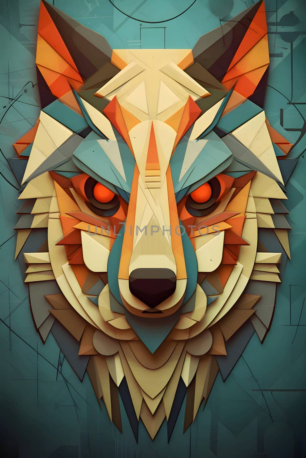 Abstract illustration: Abstract wolf head on a background of geometric shapes. Vector illustration.