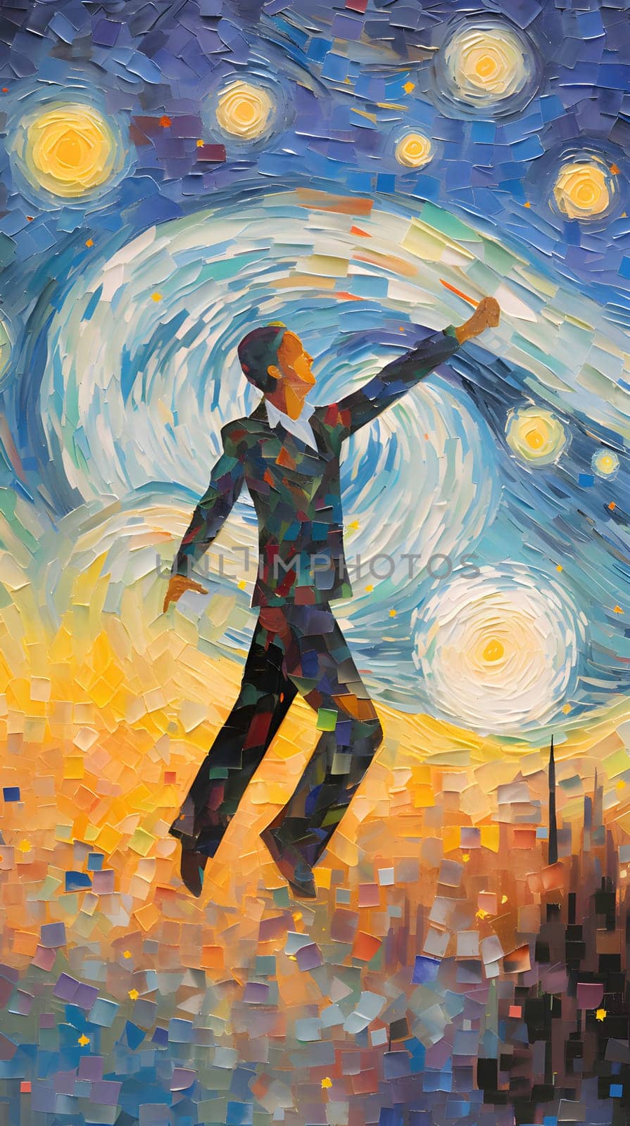 Abstract illustration: A man in a suit jumping in the sky. Illustration.