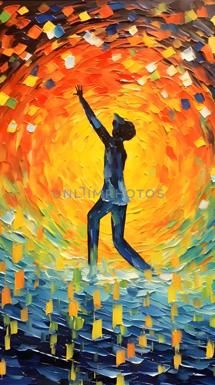 Abstract illustration: Painting of a young man dancing in front of the sun.