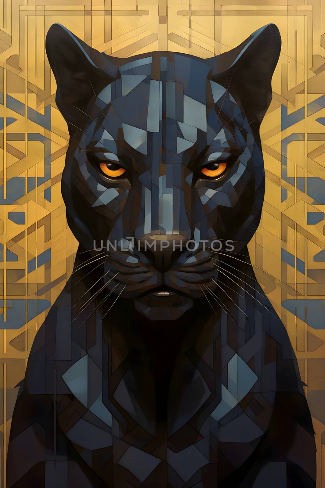 Abstract illustration: Black panther portrait on abstract geometric background. 3d illustration.