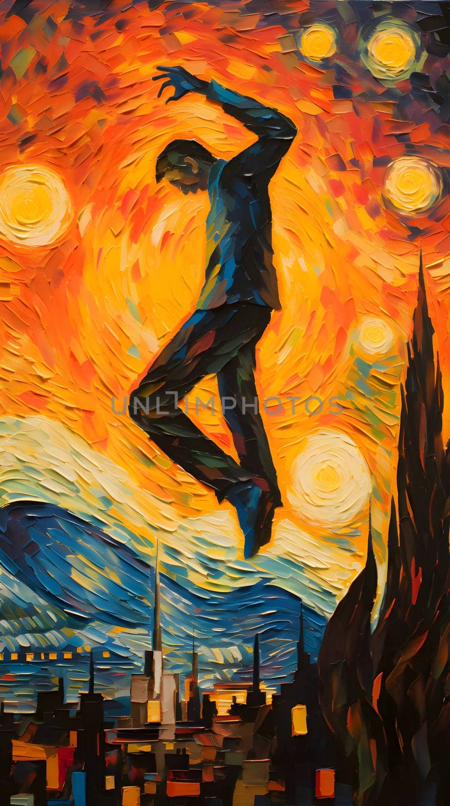 Abstract illustration: Original oil painting on canvas of young man dancing in the city at sunset