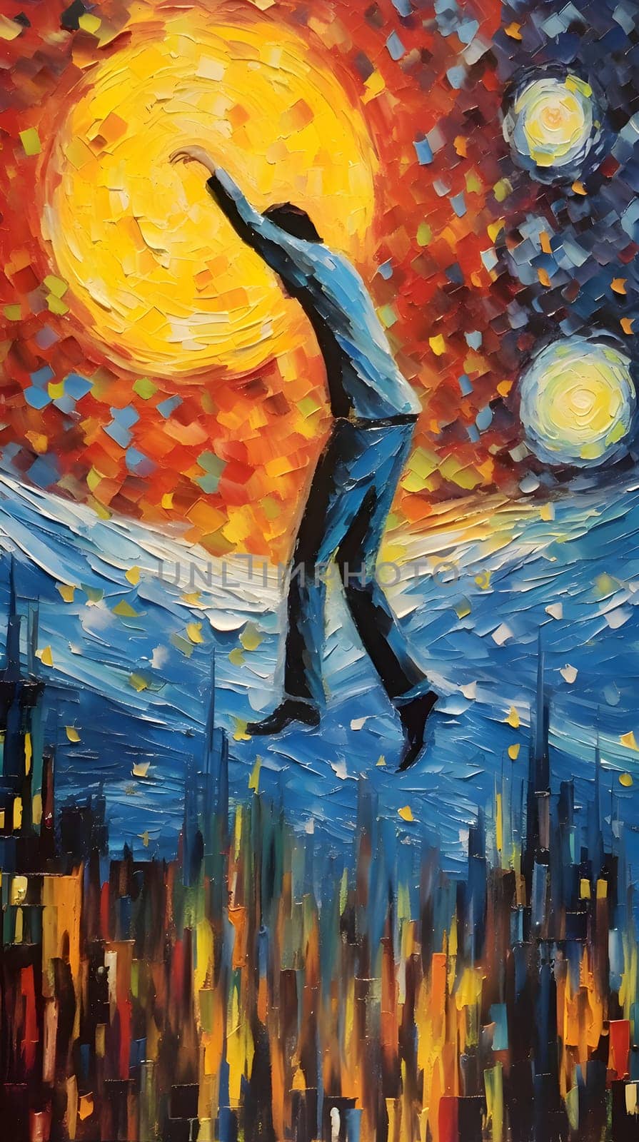 Abstract illustration: Young man dancing in the night city. Oil painting on canvas.