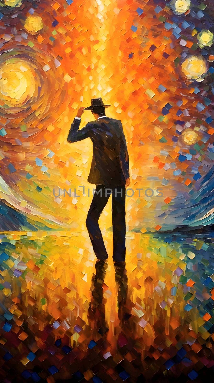Abstract illustration: Abstract oil painting of a man in a hat and jacket on a colorful background.