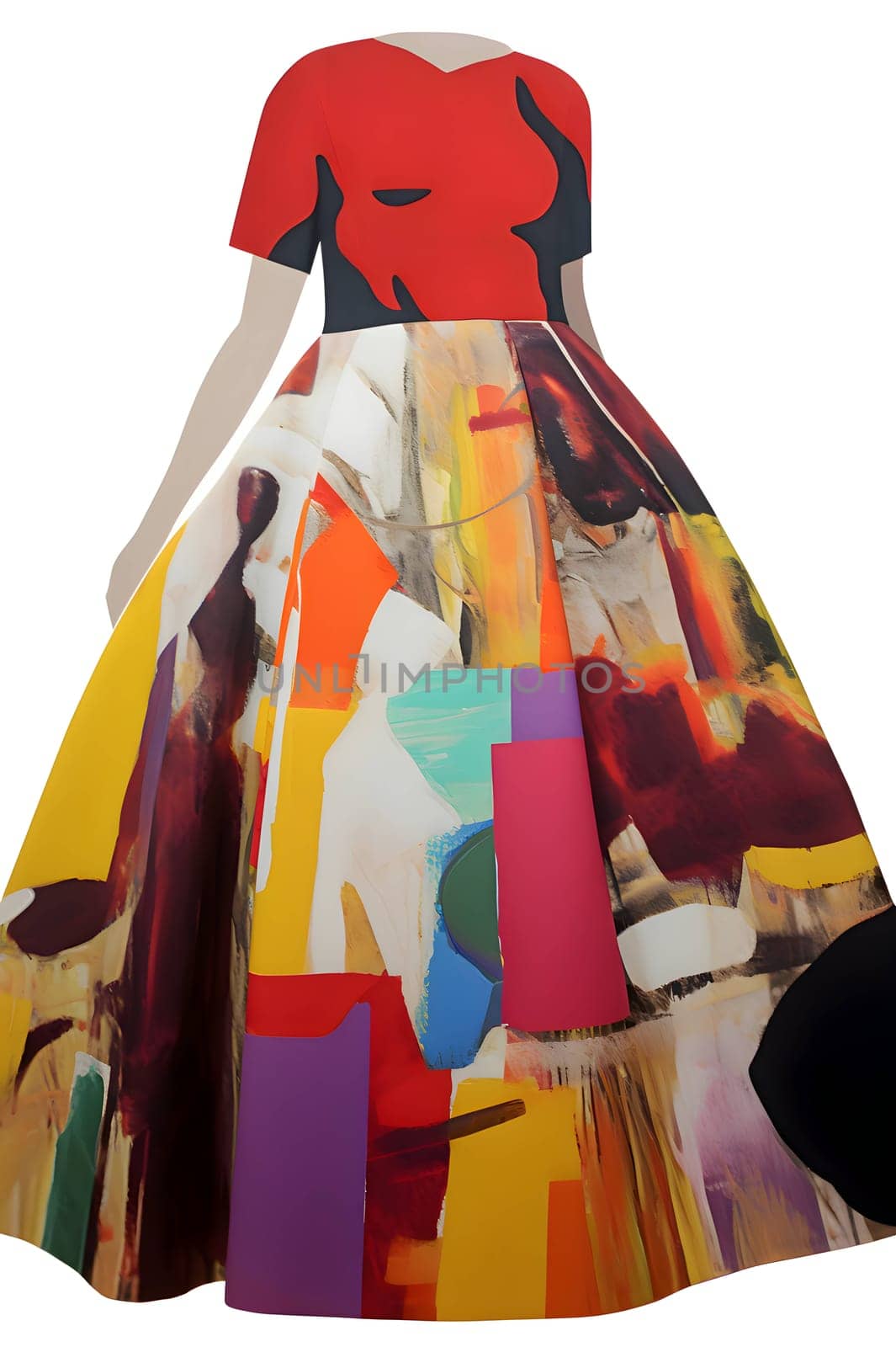 Abstract illustration: women's dress on a white background with a picture of a monster