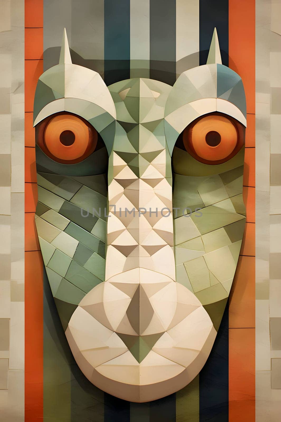 Abstract illustration: Illustration of a crocodile head on a colorful geometric background.