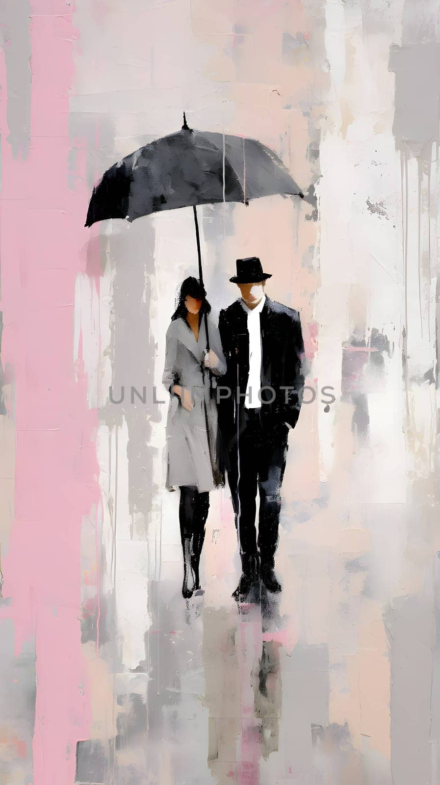 Elegant couple with umbrella in the rain. Digital painting. by ThemesS