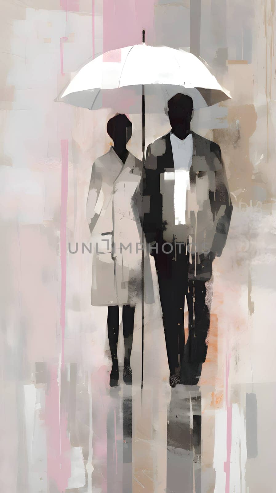 Abstract illustration: Silhouette of a man and a woman under an umbrella in the studio