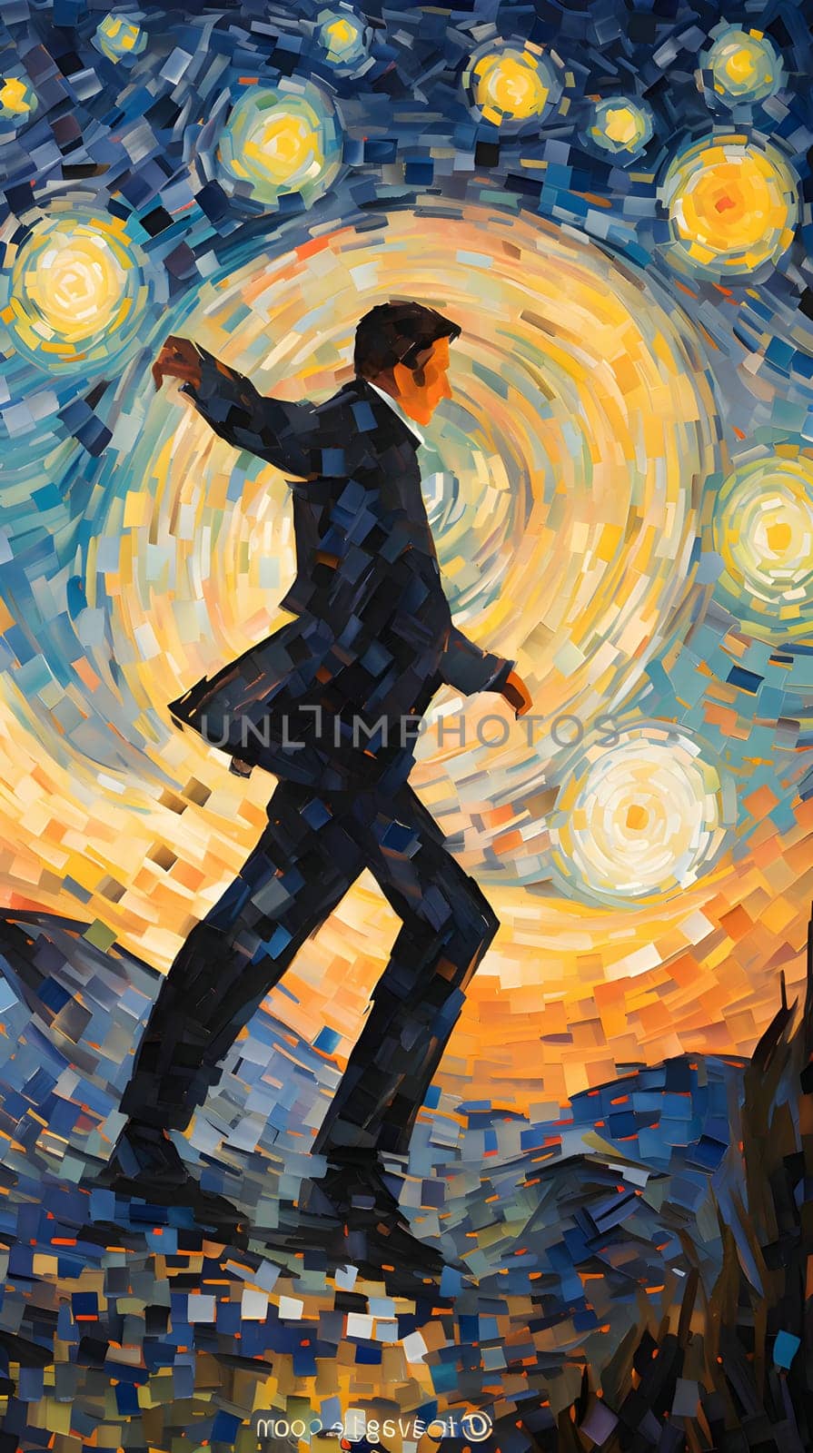 Illustration of a man in a business suit running in the sunset by ThemesS