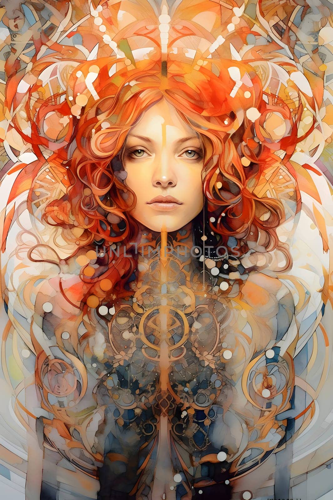 Abstract illustration: Portrait of a beautiful red-haired girl with long curly hair.