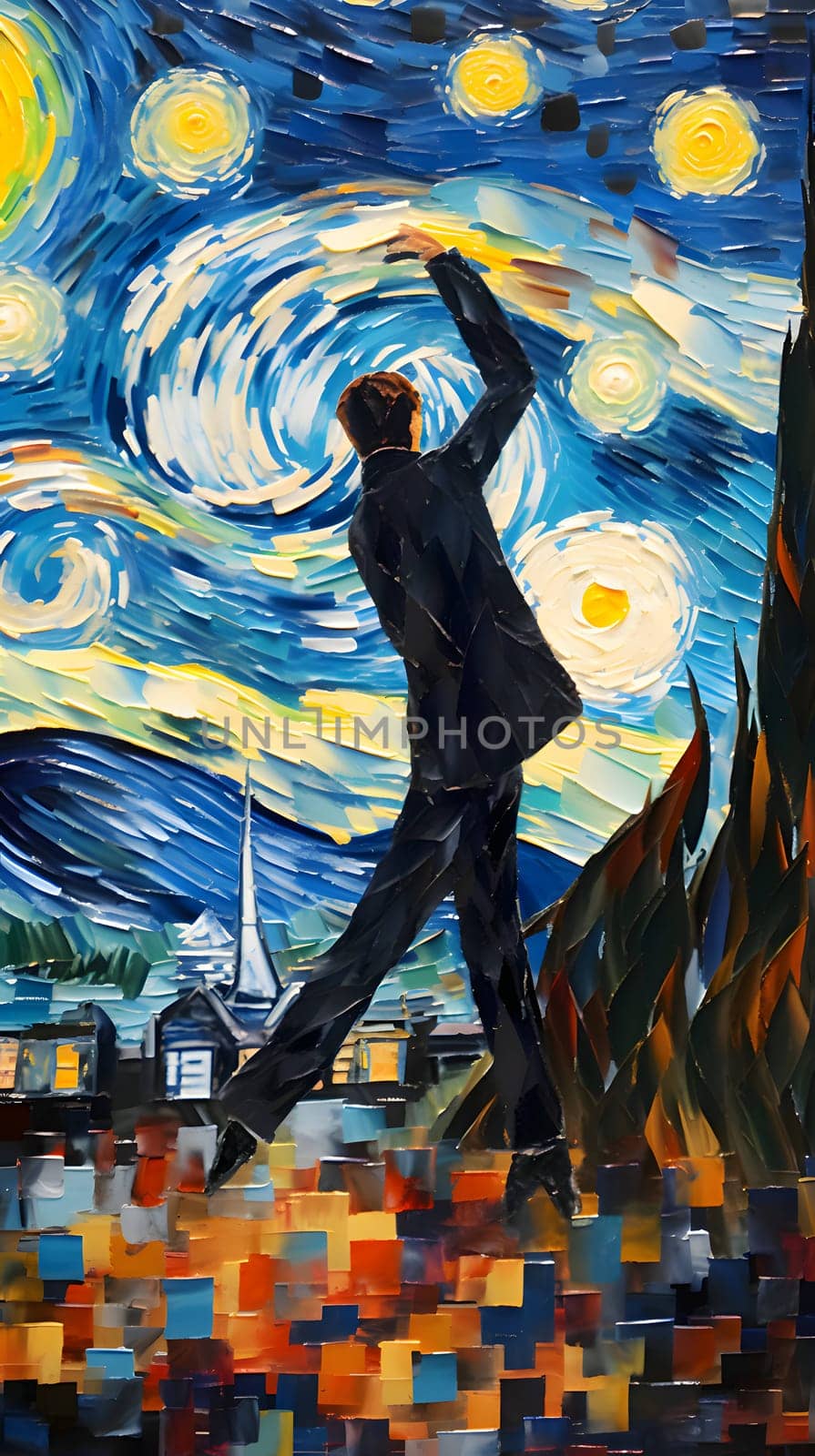 Abstract illustration: Original oil painting of a young man dancing in the city at night