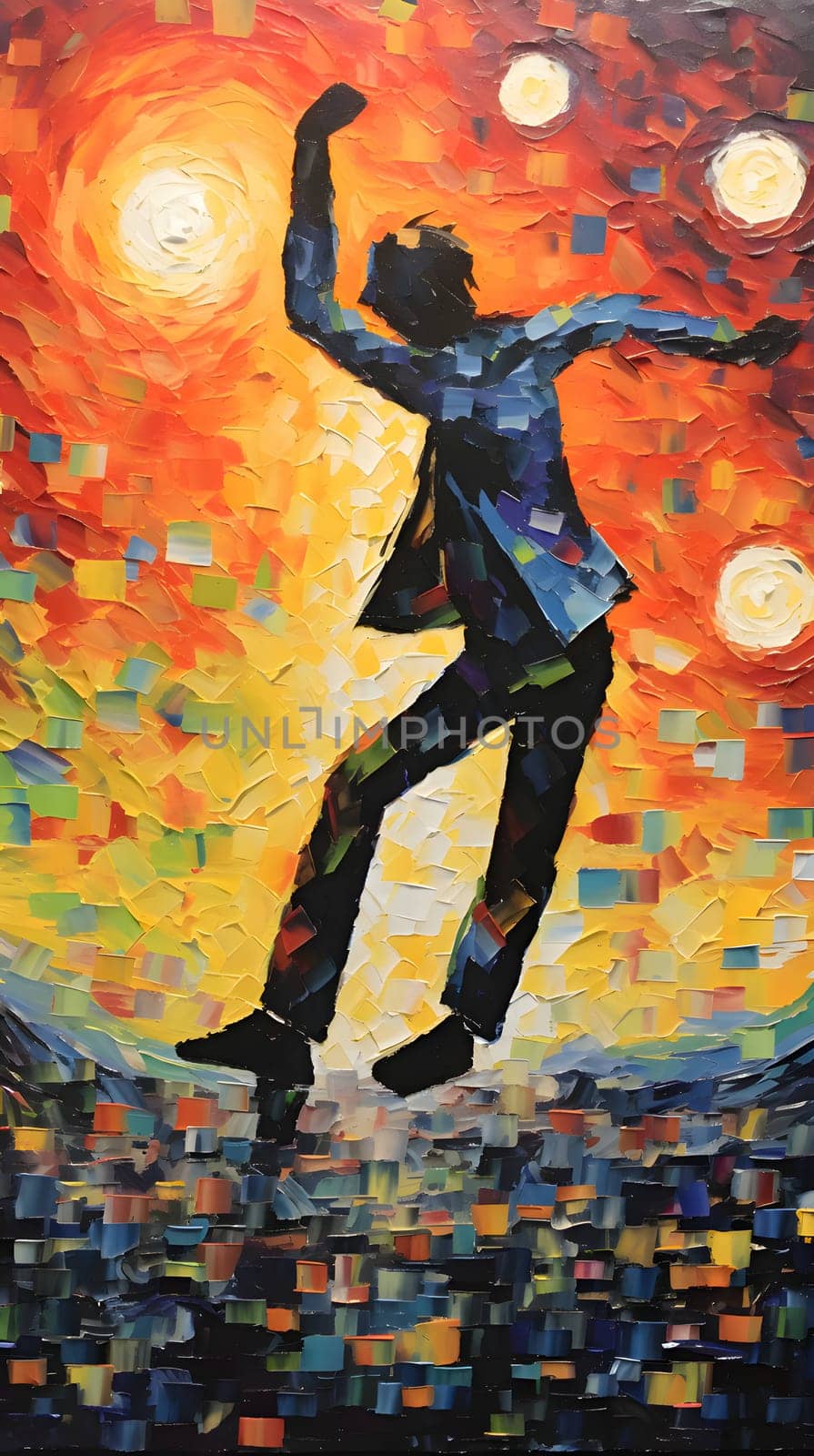 Abstract oil painting of a young man dancing in front of the sun by ThemesS