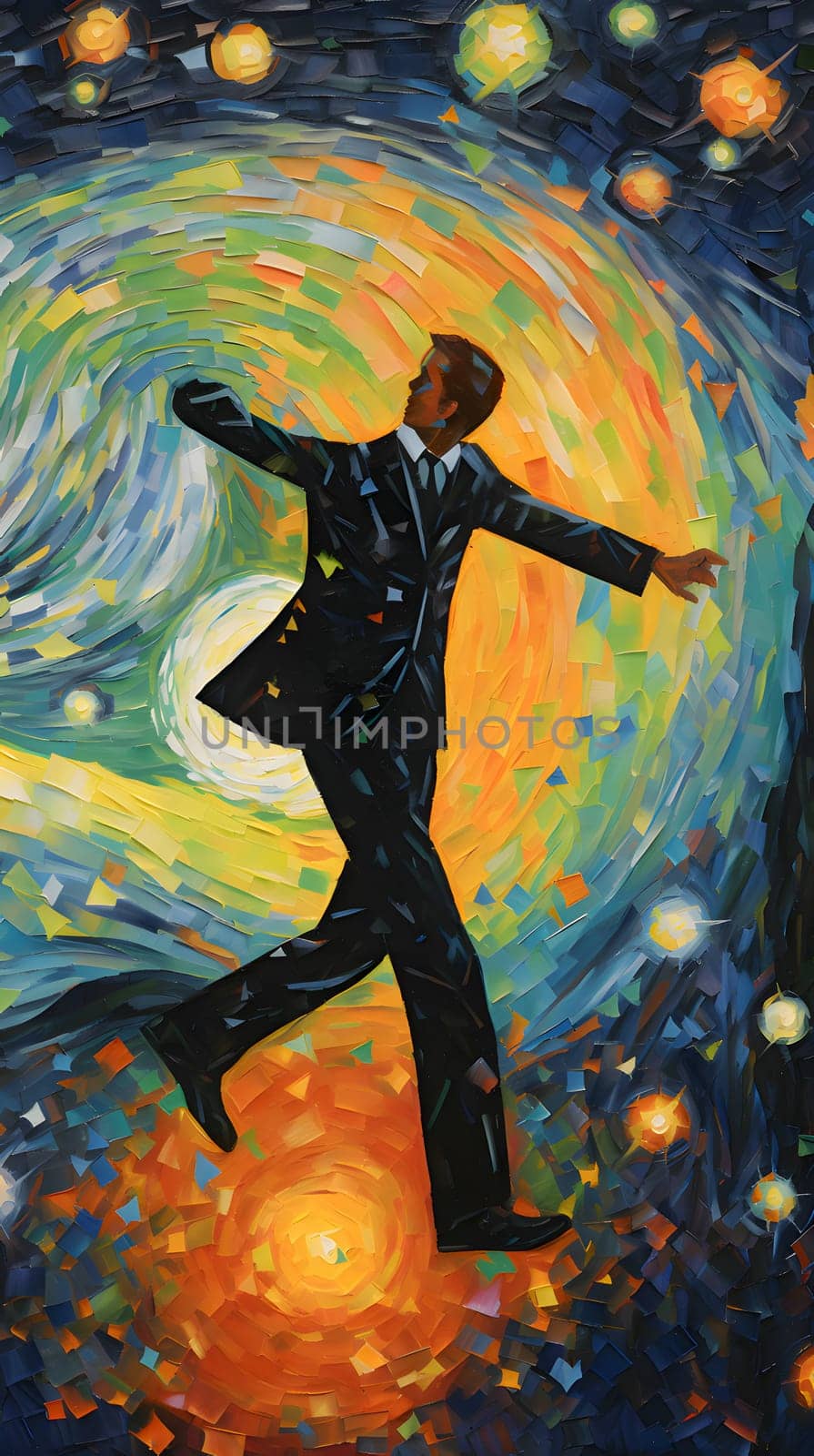 Abstract illustration: Illustration of a man running in a tunnel of colorful lights.